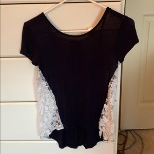 Navy Blue and White Lace Tee Shirt Blouse